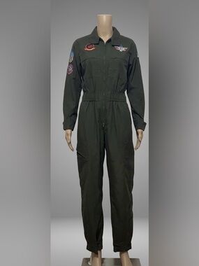 Olive Green Bomber-Style Flight Jacket with Navy Patches